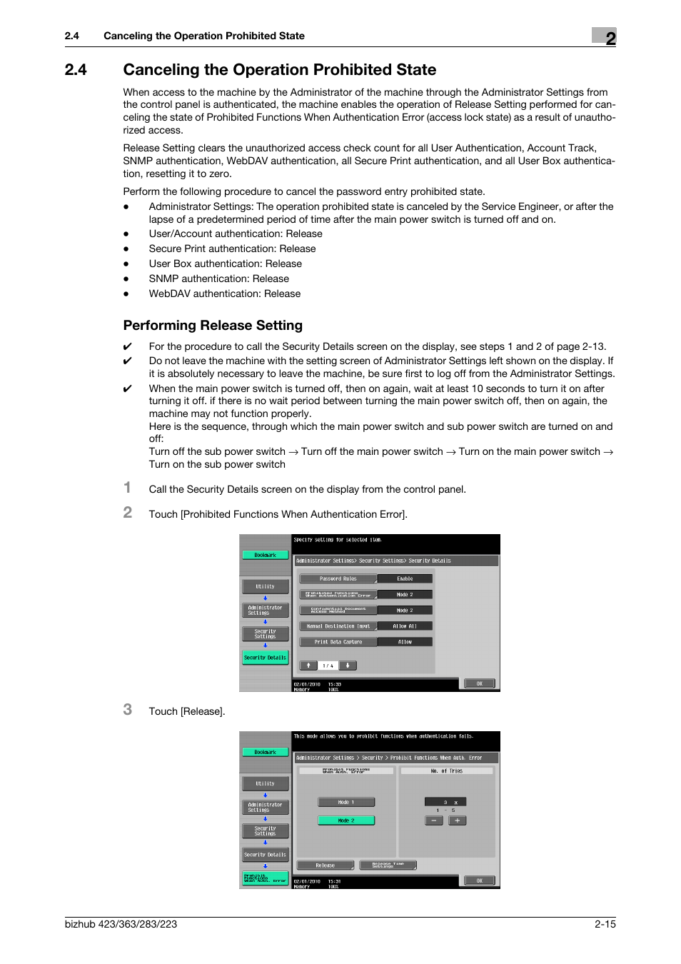 4 canceling the operation prohibited state, Performing release setting | Konica Minolta BIZHUB 223 User Manual | Page 30 / 185