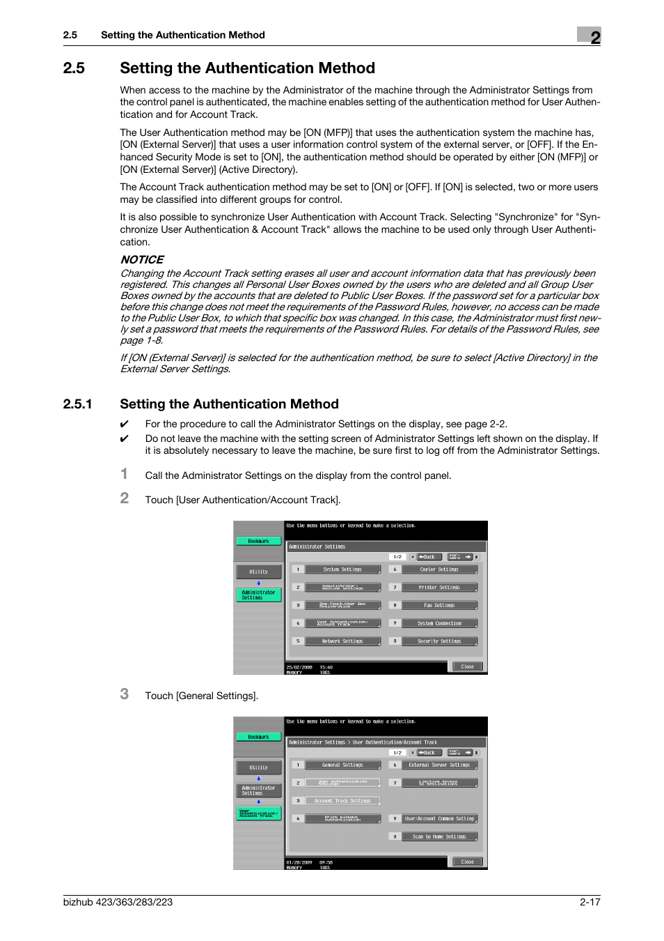 5 setting the authentication method, 1 setting the authentication method, Setting the authentication method -17 | Konica Minolta BIZHUB 223 User Manual | Page 32 / 185