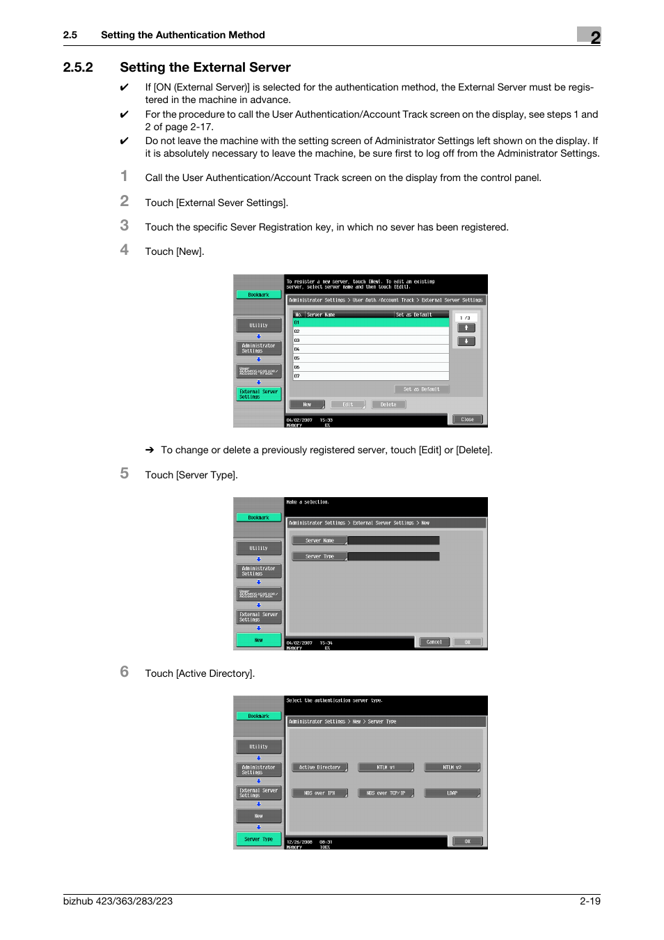 2 setting the external server, Setting the external server -19 | Konica Minolta BIZHUB 223 User Manual | Page 34 / 185