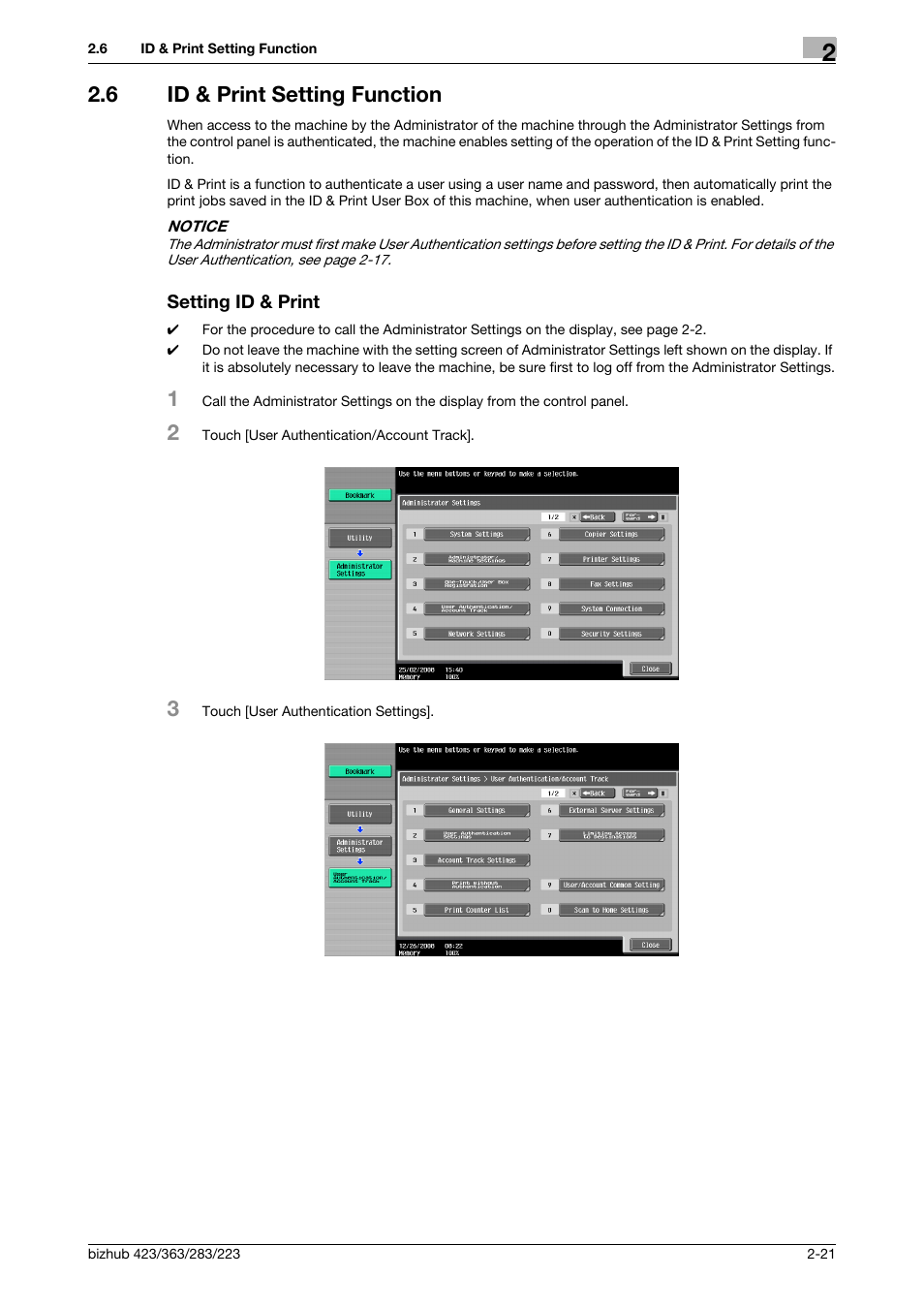 6 id & print setting function, Setting id & print | Konica Minolta BIZHUB 223 User Manual | Page 36 / 185