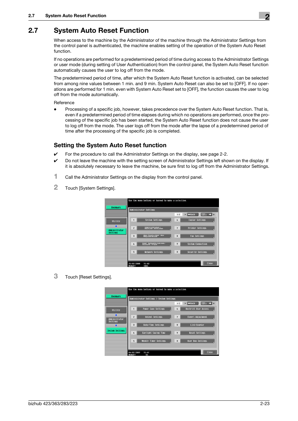 7 system auto reset function, Setting the system auto reset function | Konica Minolta BIZHUB 223 User Manual | Page 38 / 185