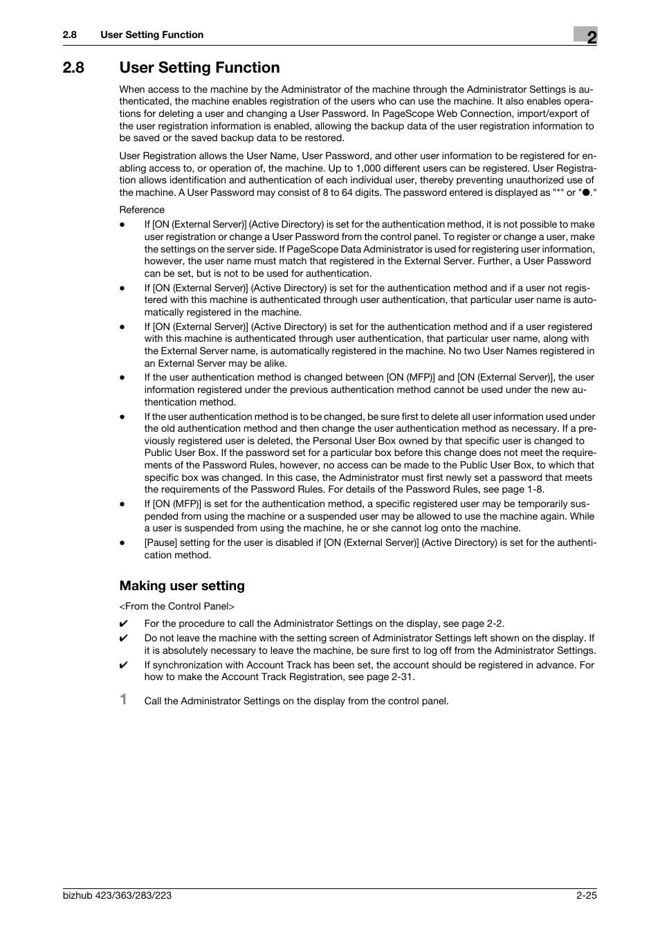 8 user setting function, Making user setting, User setting function -25 making user setting -25 | Konica Minolta BIZHUB 223 User Manual | Page 40 / 185