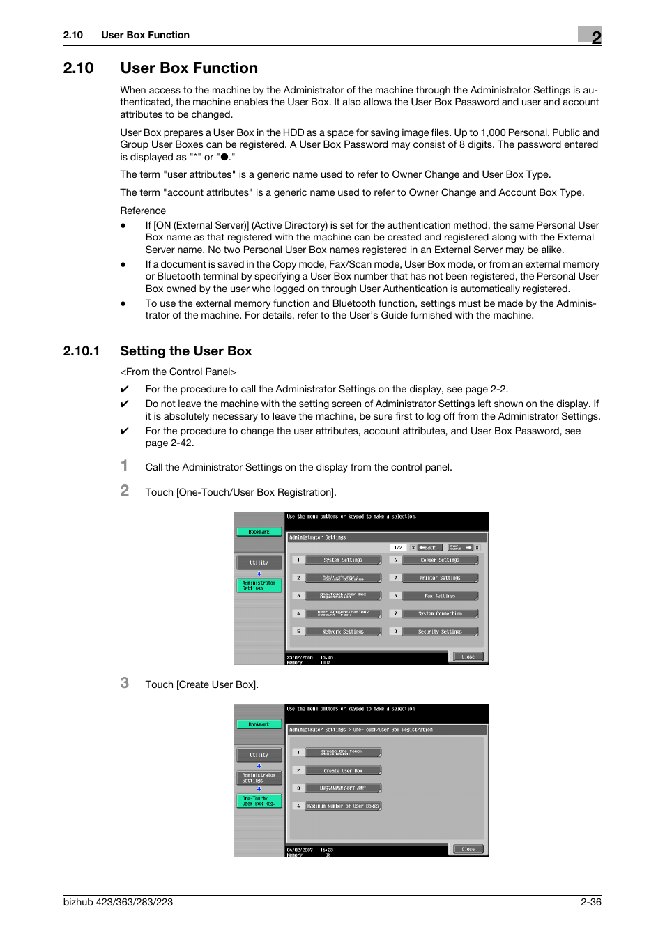 10 user box function, 1 setting the user box, User box function -36 | Setting the user box -36 | Konica Minolta BIZHUB 223 User Manual | Page 51 / 185