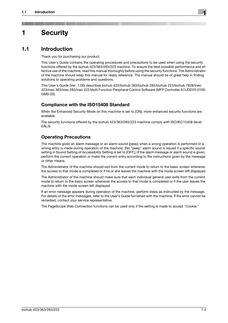 1 security, 1 introduction, Compliance with the iso15408 standard | Operating precautions, Security, 1security | Konica Minolta BIZHUB 223 User Manual | Page 6 / 185