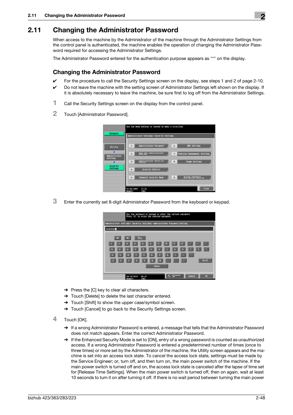 11 changing the administrator password, Changing the administrator password | Konica Minolta BIZHUB 223 User Manual | Page 63 / 185