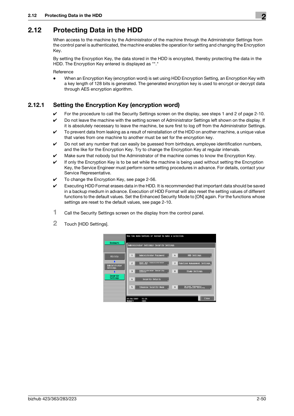 12 protecting data in the hdd, 1 setting the encryption key (encryption word), Protecting data in the hdd -50 | Setting the encryption key (encryption word) -50 | Konica Minolta BIZHUB 223 User Manual | Page 65 / 185