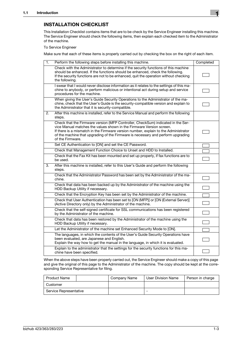 Installation checklist, Installation checklist -3 | Konica Minolta BIZHUB 223 User Manual | Page 7 / 185