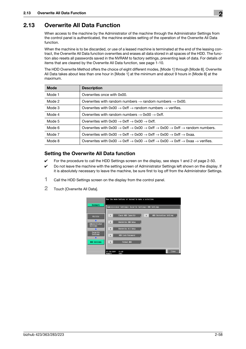 13 overwrite all data function, Setting the overwrite all data function | Konica Minolta BIZHUB 223 User Manual | Page 73 / 185