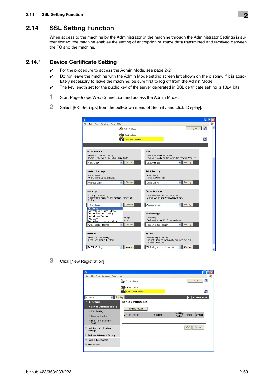 14 ssl setting function, 1 device certificate setting, Ssl setting function -60 | Device certificate setting -60 | Konica Minolta BIZHUB 223 User Manual | Page 75 / 185