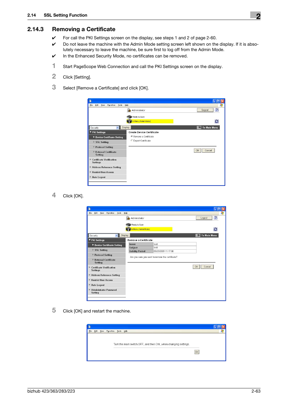 3 removing a certificate, Removing a certificate -63 | Konica Minolta BIZHUB 223 User Manual | Page 78 / 185