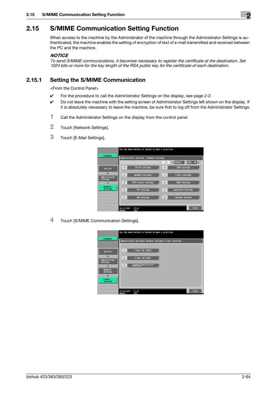 15 s/mime communication setting function, 1 setting the s/mime communication, S/mime communication setting function -64 | Setting the s/mime communication -64 | Konica Minolta BIZHUB 223 User Manual | Page 79 / 185