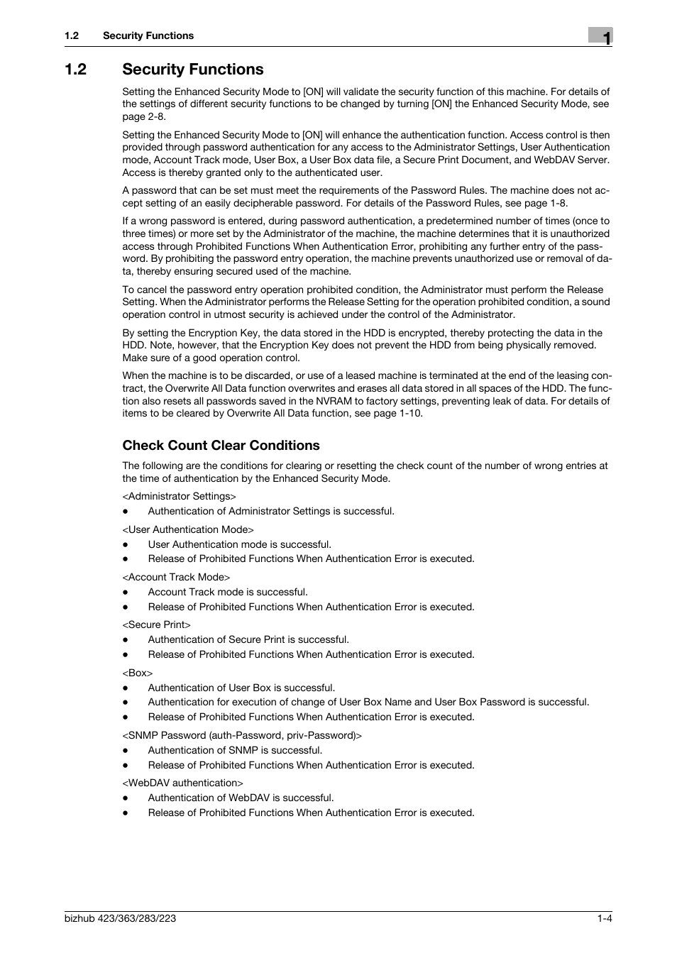 2 security functions, Check count clear conditions | Konica Minolta BIZHUB 223 User Manual | Page 8 / 185