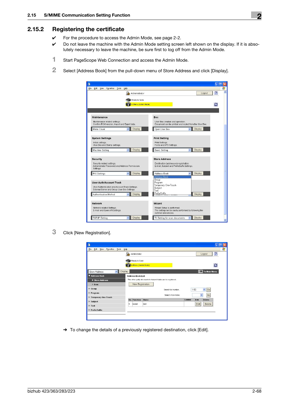 2 registering the certificate, Registering the certificate -68 | Konica Minolta BIZHUB 223 User Manual | Page 83 / 185