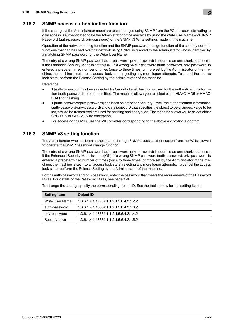 2 snmp access authentication function, 3 snmp v3 setting function, Snmp access authentication function -77 | Snmp v3 setting function -77 | Konica Minolta BIZHUB 223 User Manual | Page 92 / 185