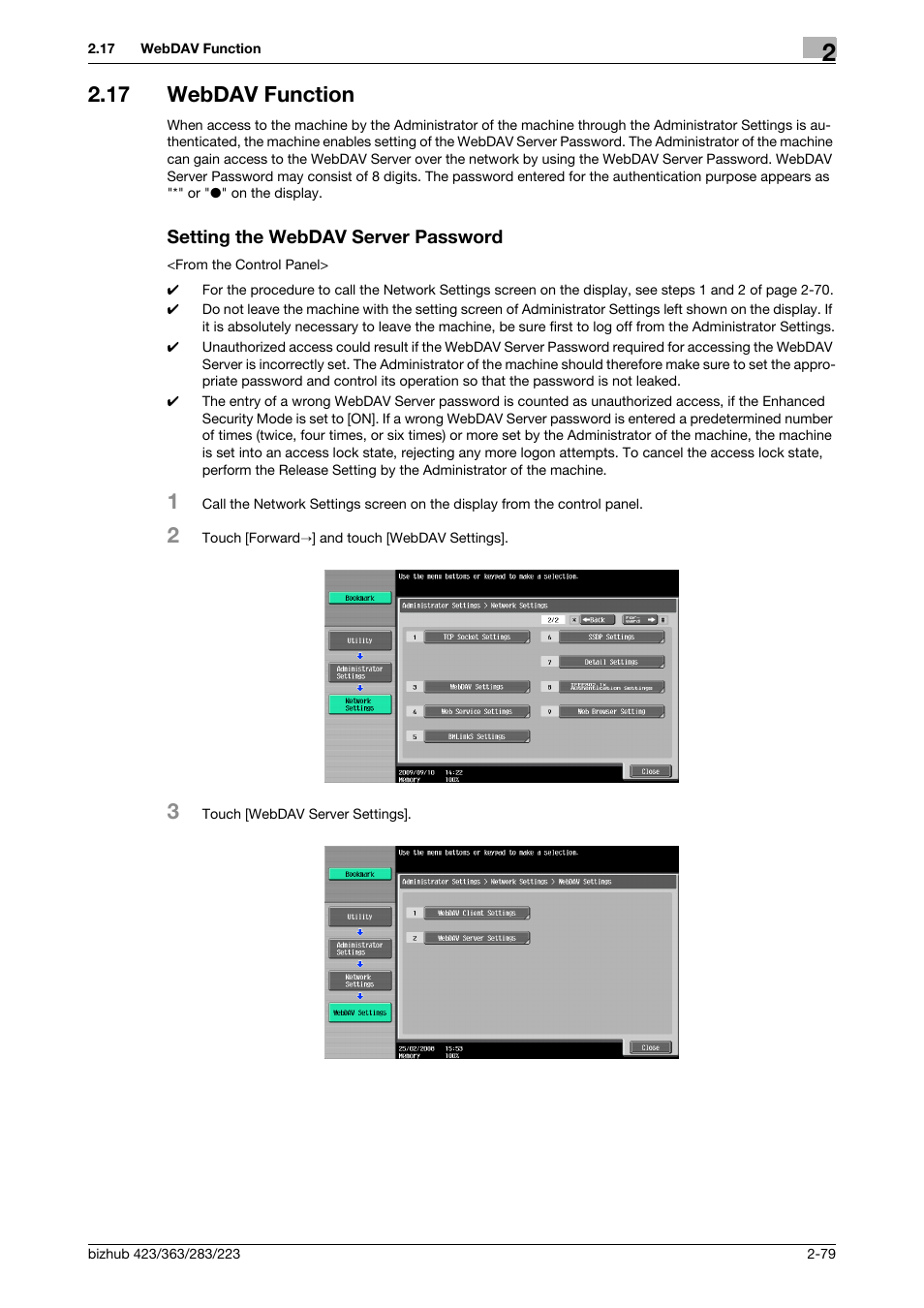 17 webdav function, Setting the webdav server password | Konica Minolta BIZHUB 223 User Manual | Page 94 / 185