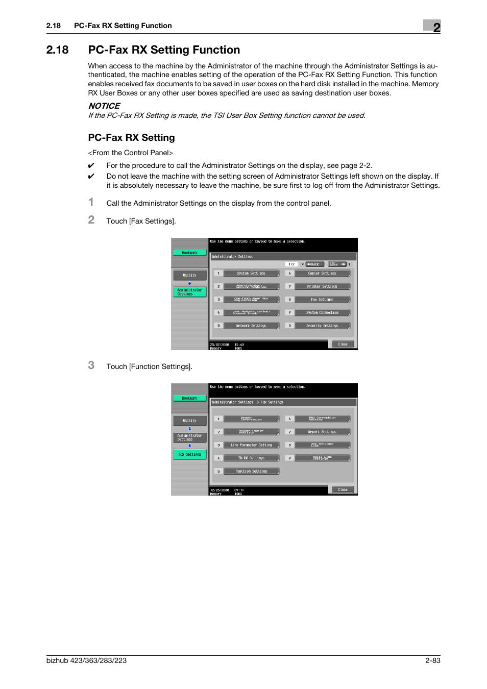 18 pc-fax rx setting function, Pc-fax rx setting | Konica Minolta BIZHUB 223 User Manual | Page 98 / 185