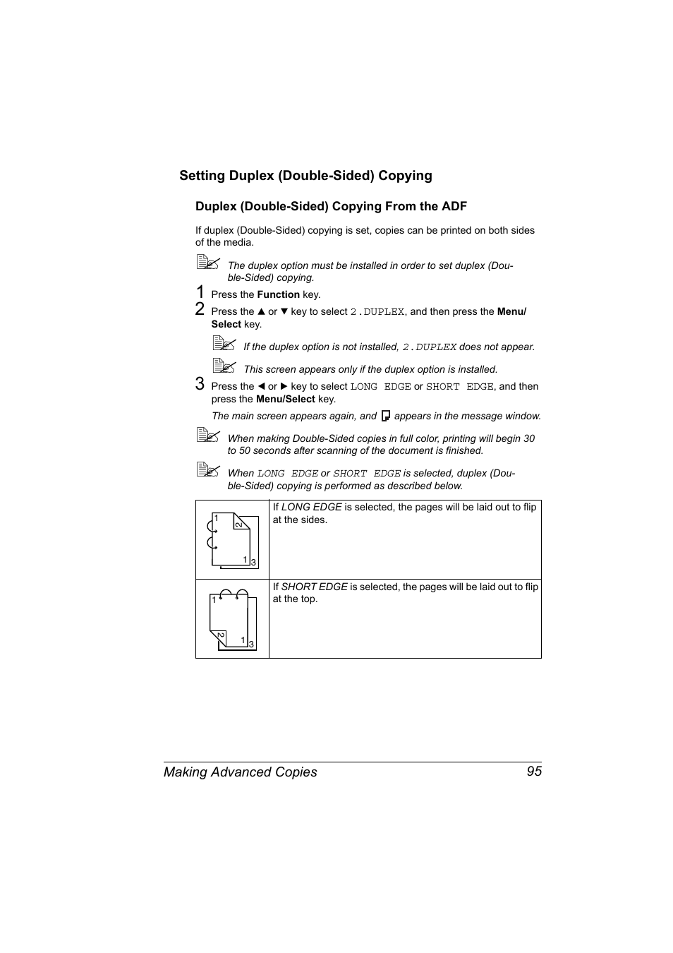 Setting duplex (double-sided) copying, Duplex (double-sided) copying from the adf, Setting duplex (double-sided) copying 95 | Duplex (double-sided) copying from the adf 95 | Konica Minolta magicolor 2590MF User Manual | Page 109 / 236