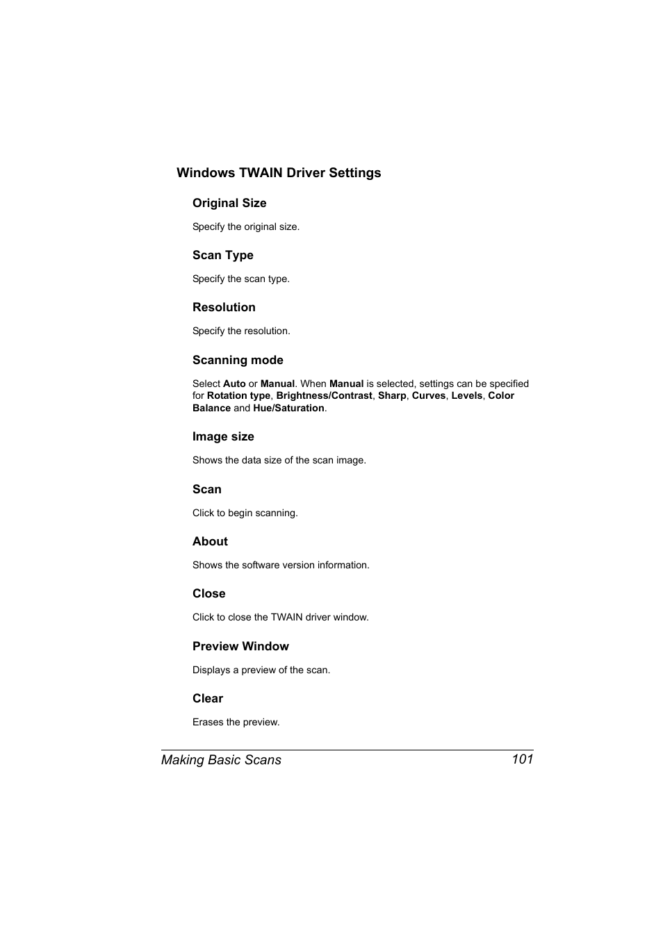 Windows twain driver settings, Original size, Scan type | Resolution, Scanning mode, Image size, Scan, About, Close, Preview window | Konica Minolta magicolor 2590MF User Manual | Page 115 / 236