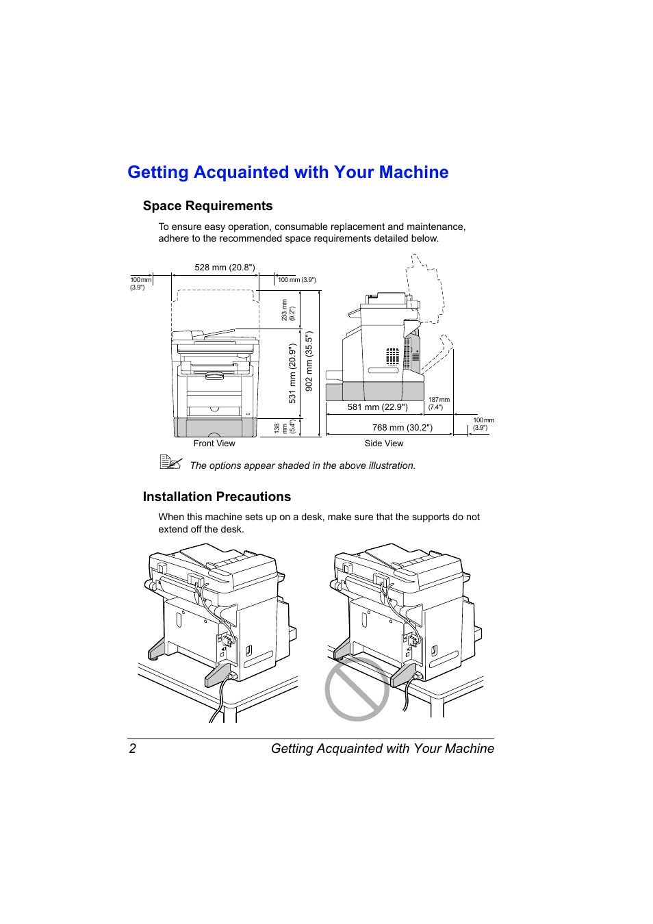 Getting acquainted with your machine, Space requirements, Installation precautions | Getting acquainted with your machine 2, Space requirements 2 installation precautions 2 | Konica Minolta magicolor 2590MF User Manual | Page 16 / 236