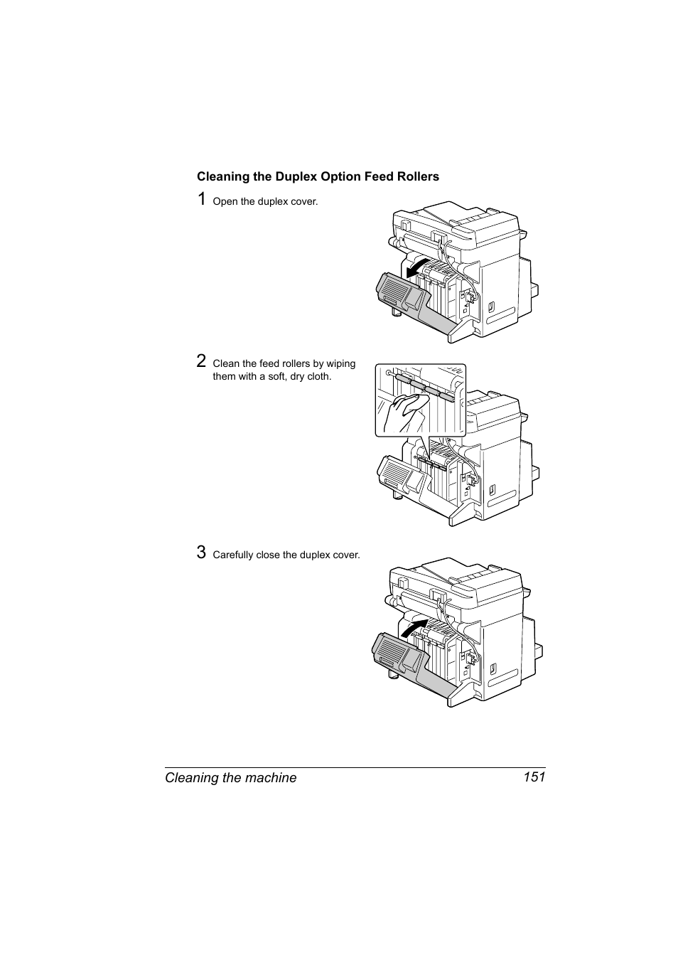 Cleaning the duplex option feed rollers, Cleaning the duplex option feed rollers 151 | Konica Minolta magicolor 2590MF User Manual | Page 165 / 236