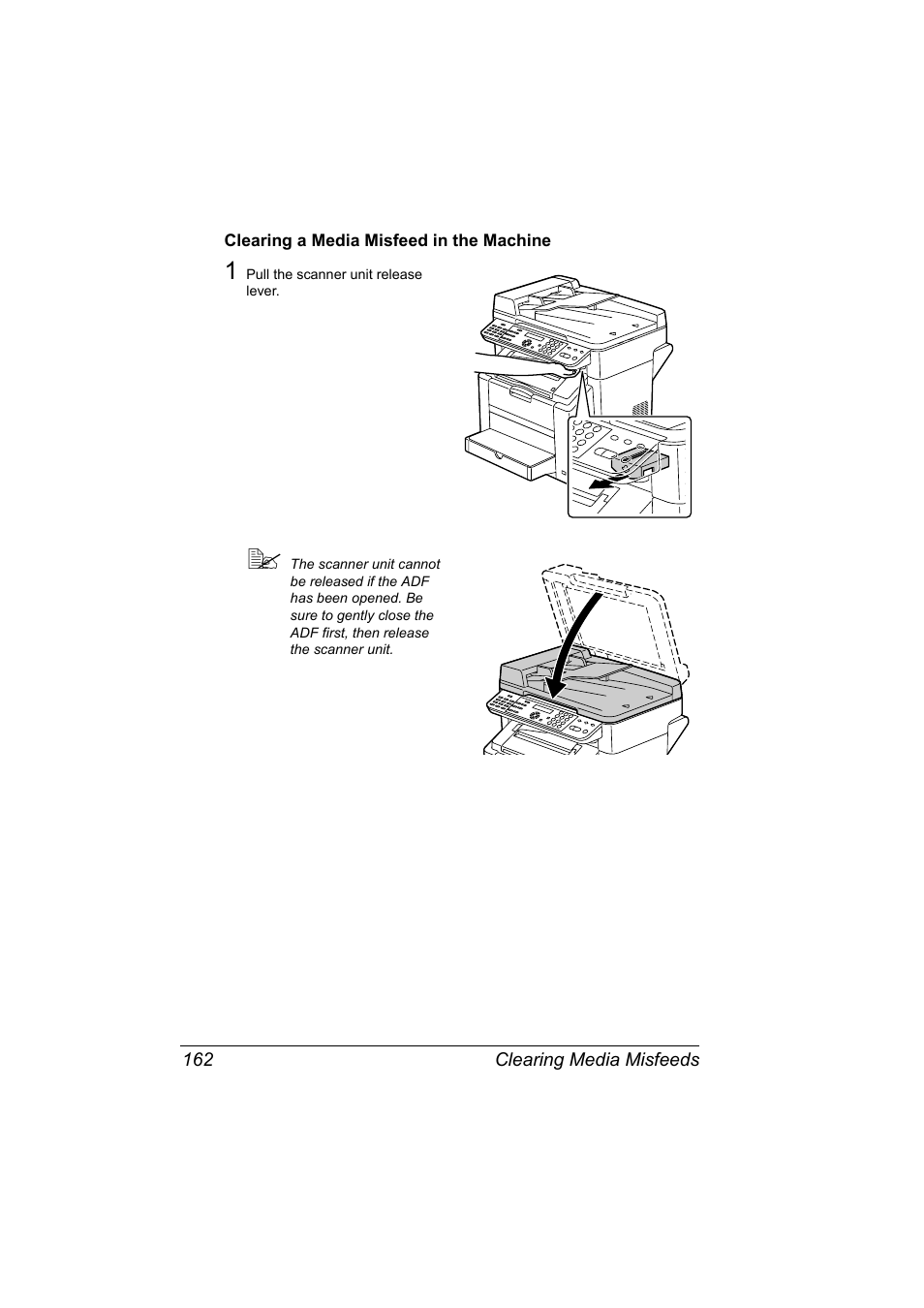 Clearing a media misfeed in the machine, Clearing a media misfeed in the machine 162 | Konica Minolta magicolor 2590MF User Manual | Page 176 / 236