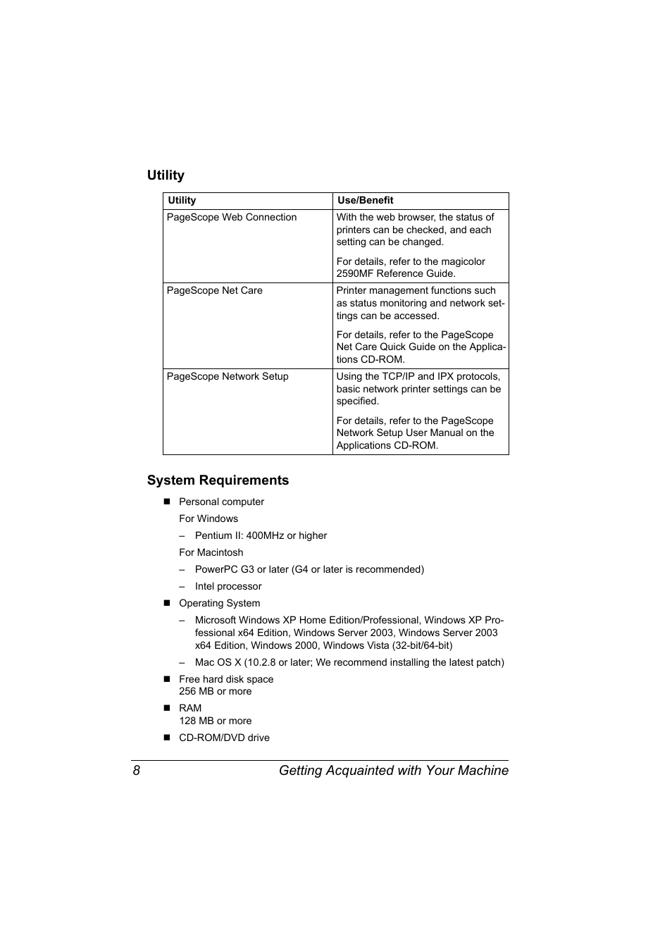 Utility, System requirements, Utility 8 system requirements 8 | Konica Minolta magicolor 2590MF User Manual | Page 22 / 236