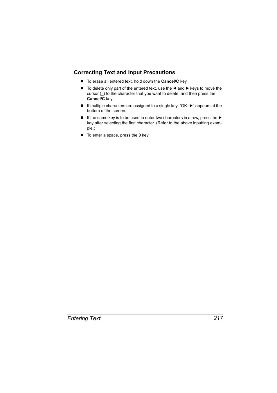 Correcting text and input precautions, Correcting text and input precautions 217 | Konica Minolta magicolor 2590MF User Manual | Page 231 / 236