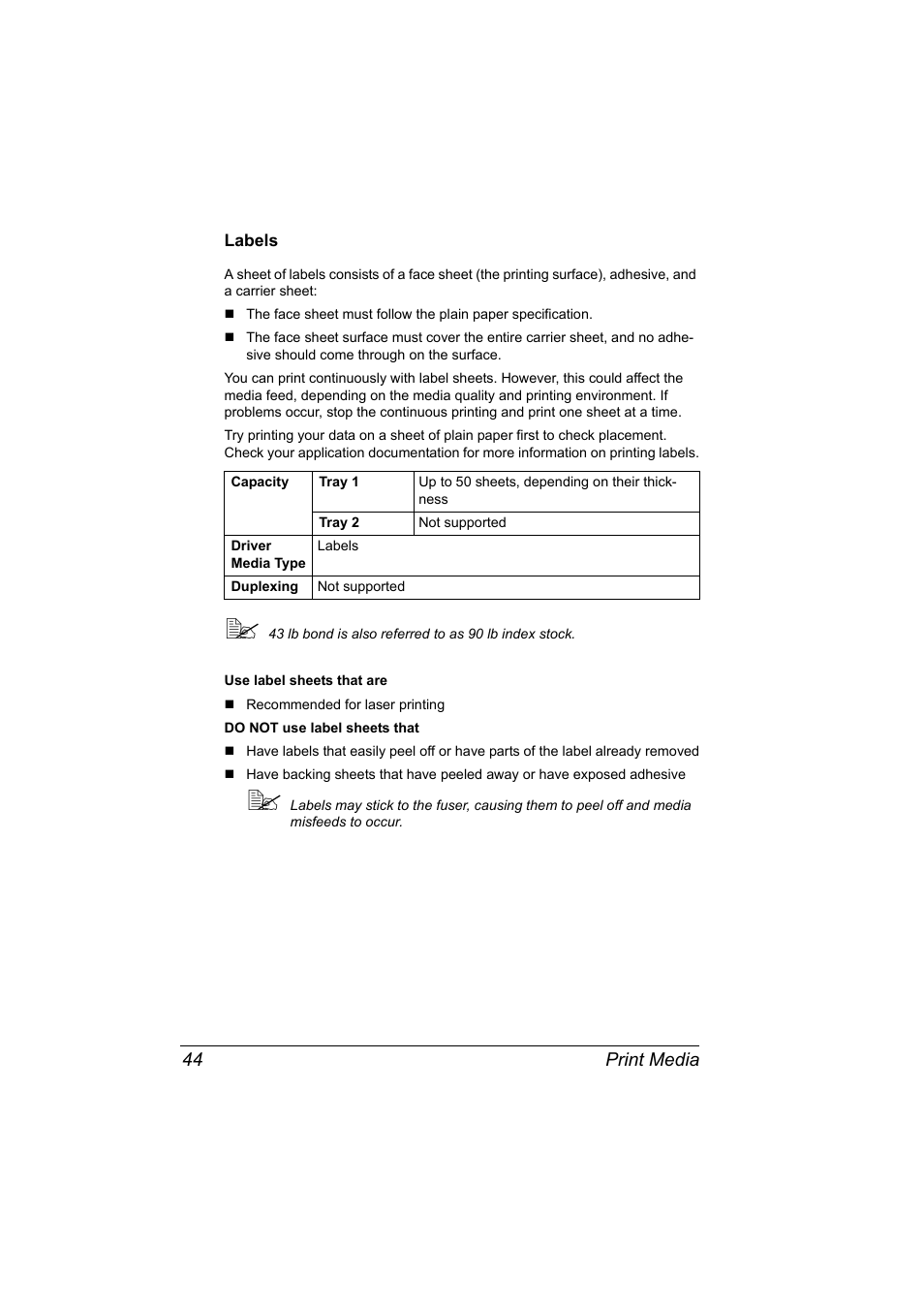 Labels, Labels 44, Print media 44 | Konica Minolta magicolor 2590MF User Manual | Page 58 / 236