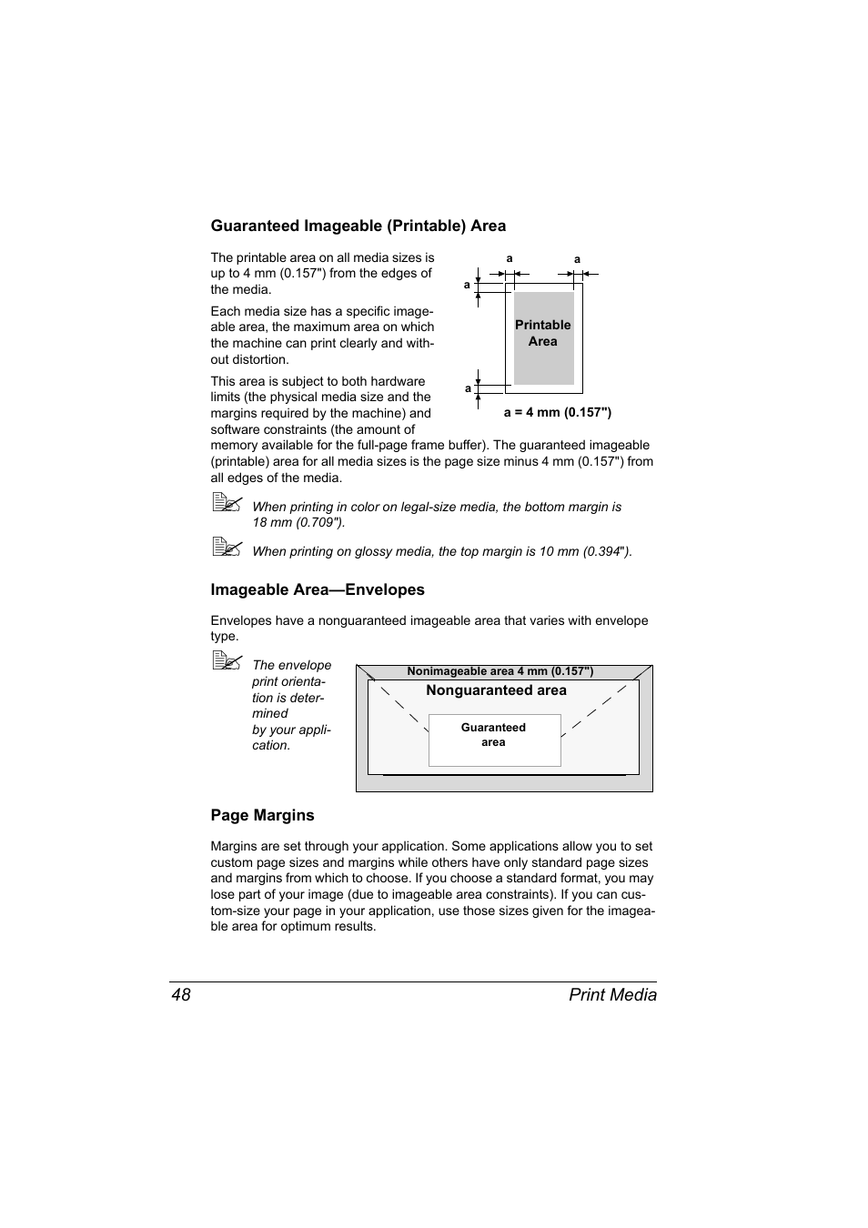 Guaranteed imageable (printable) area, Imageable area-envelopes | Konica Minolta magicolor 2590MF User Manual | Page 62 / 236