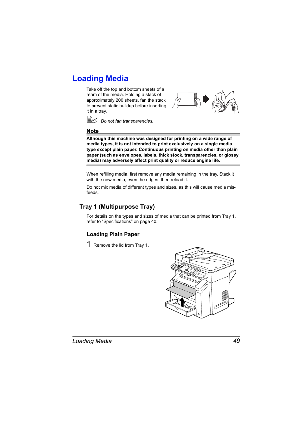 Loading media, Tray 1 (multipurpose tray), Loading plain paper | Loading media 49, Tray 1 (multipurpose tray) 49, Loading plain paper 49 | Konica Minolta magicolor 2590MF User Manual | Page 63 / 236
