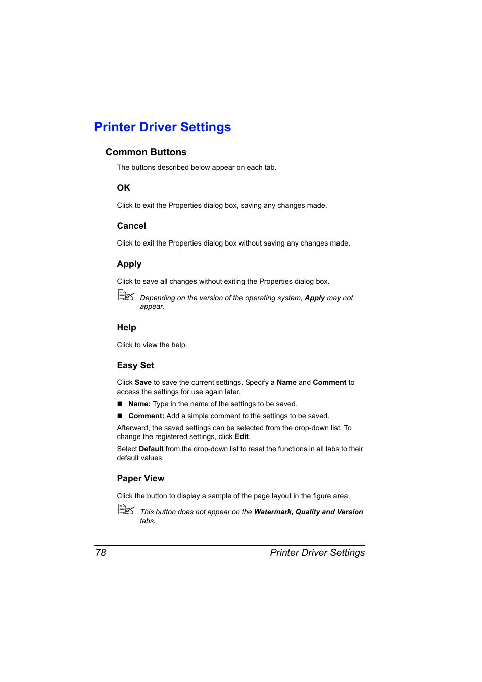Printer driver settings, Common buttons, Cancel | Apply, Help, Easy set, Paper view, Printer driver settings 78, Common buttons 78 | Konica Minolta magicolor 2590MF User Manual | Page 92 / 236