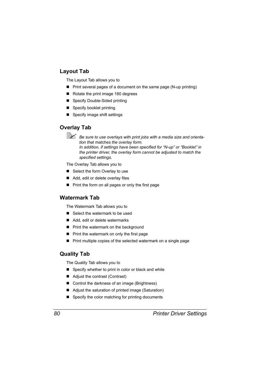 Layout tab, Overlay tab, Watermark tab | Quality tab, Printer driver settings 80 layout tab | Konica Minolta magicolor 2590MF User Manual | Page 94 / 236