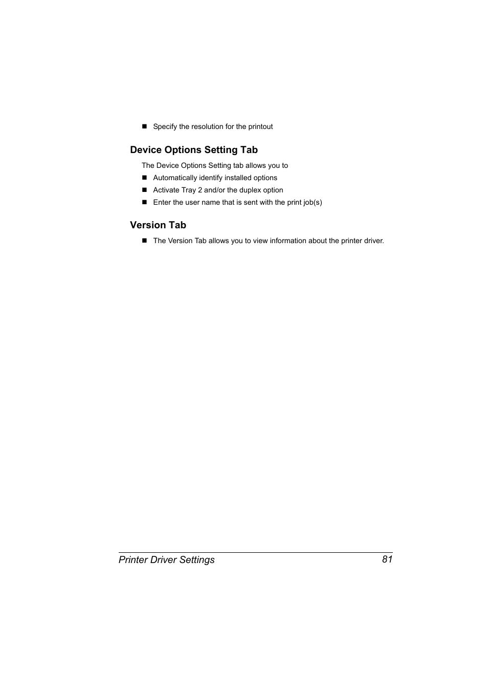 Device options setting tab, Version tab, Device options setting tab 81 version tab 81 | Printer driver settings 81 | Konica Minolta magicolor 2590MF User Manual | Page 95 / 236