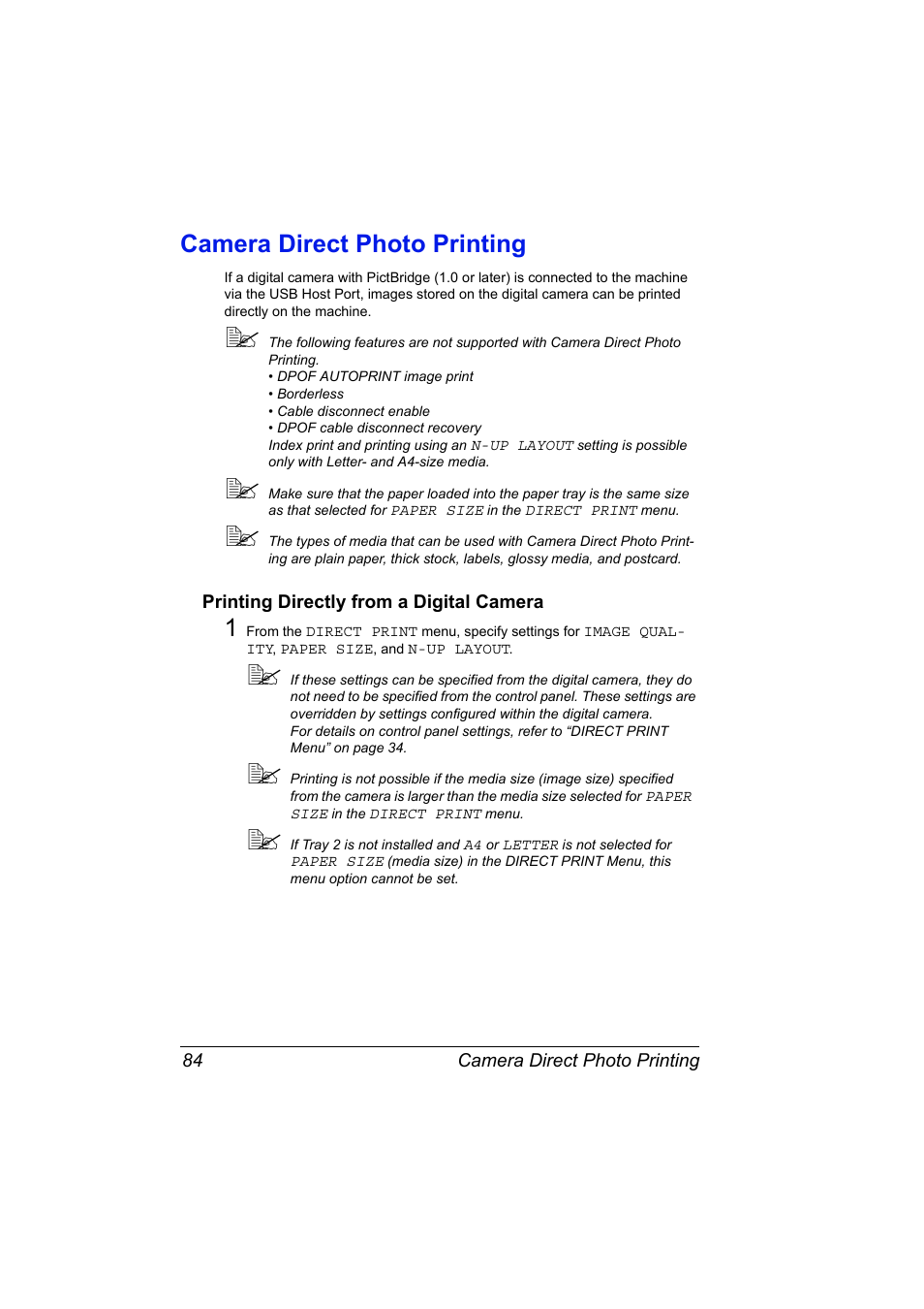 Camera direct photo printing, Printing directly from a digital camera, Camera direct photo printing 84 | Printing directly from a digital camera 84 | Konica Minolta magicolor 2590MF User Manual | Page 98 / 236