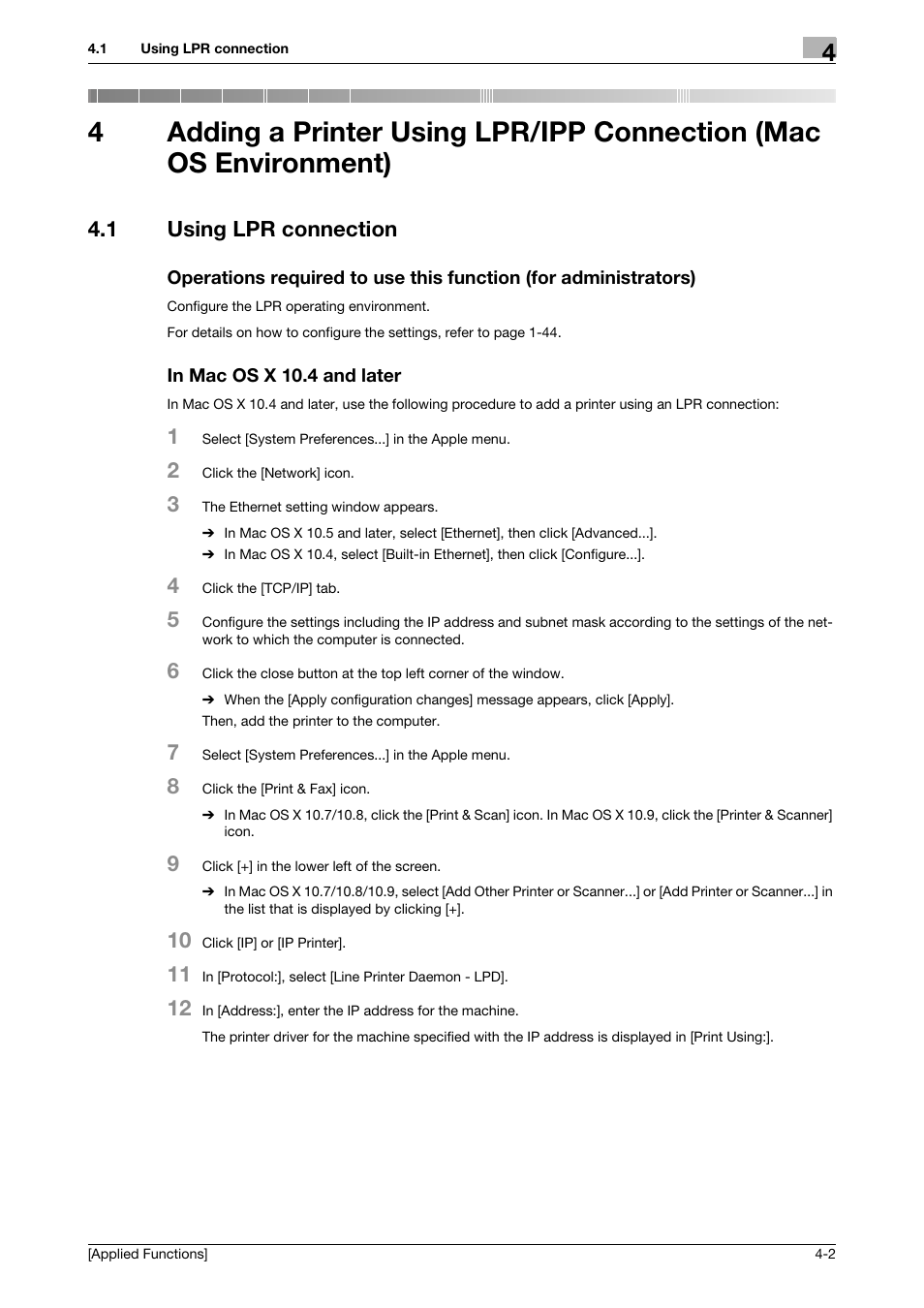1 using lpr connection, In mac os x 10.4 and later | Konica Minolta bizhub 4750 User Manual | Page 126 / 149