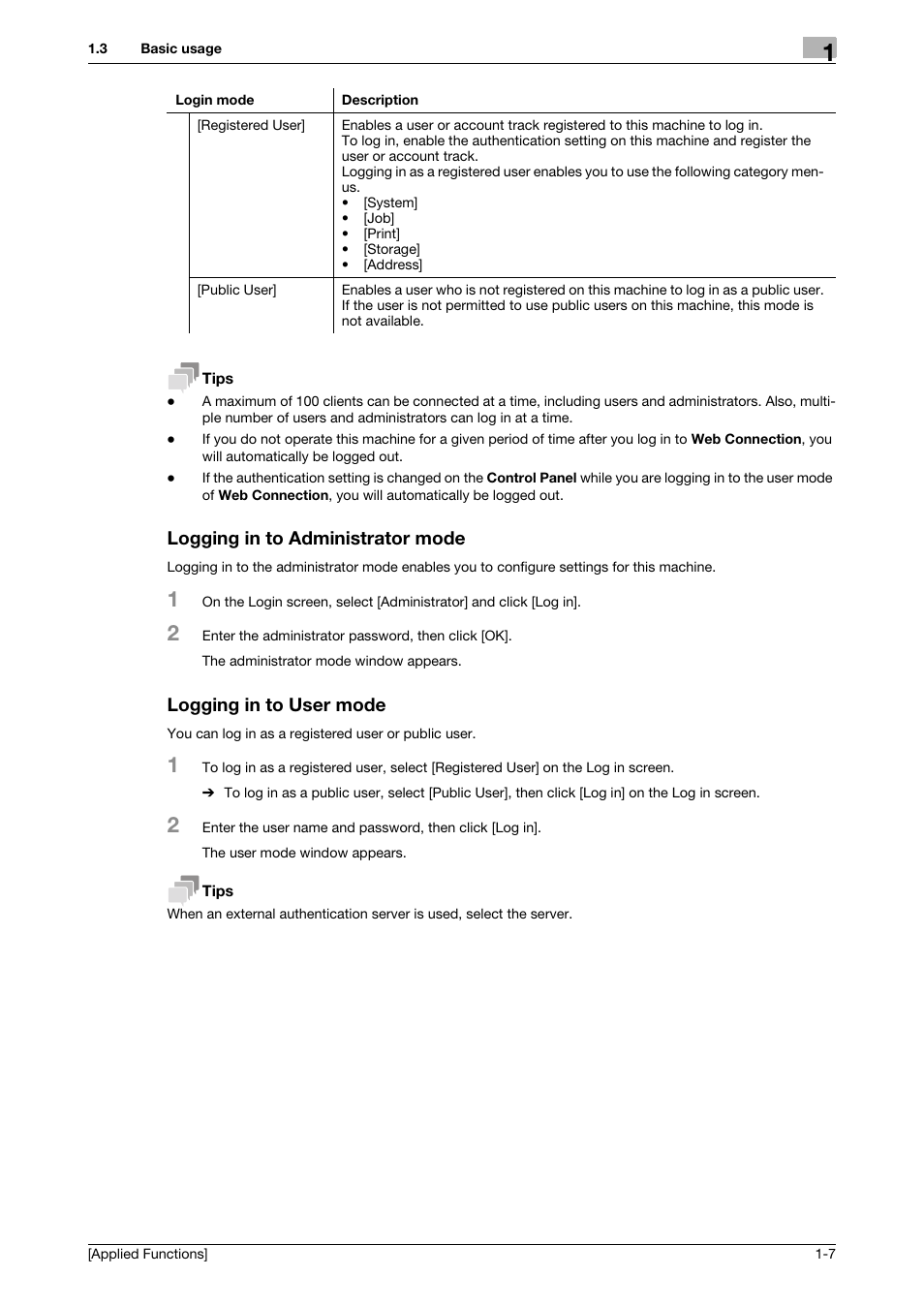 Logging in to administrator mode, Logging in to user mode | Konica Minolta bizhub 4750 User Manual | Page 13 / 149
