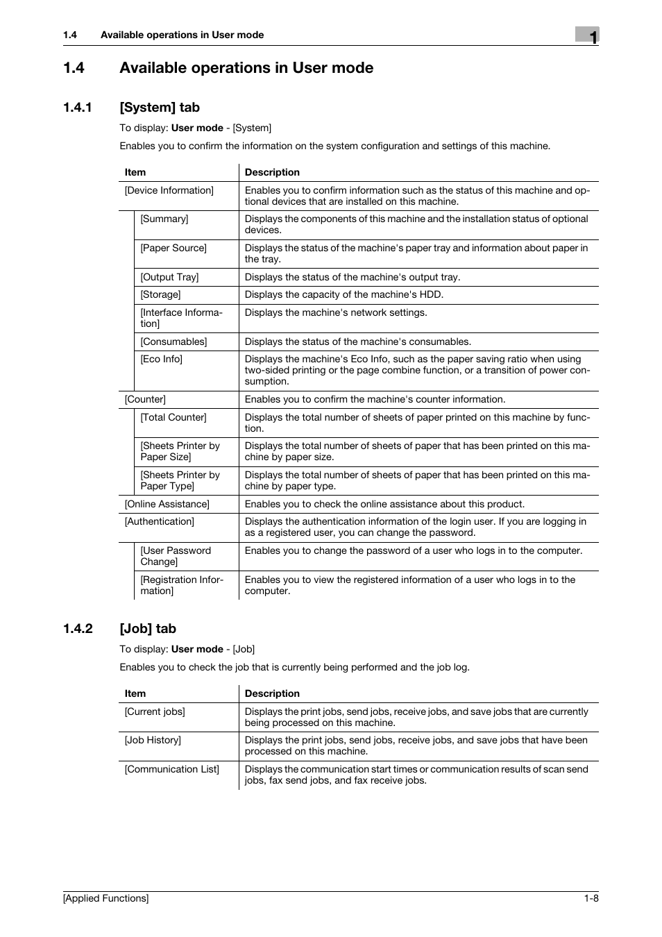 4 available operations in user mode, 1 [system] tab, 2 [job] tab | Available operations in user mode -8, System] tab -8, Job] tab -8 | Konica Minolta bizhub 4750 User Manual | Page 14 / 149