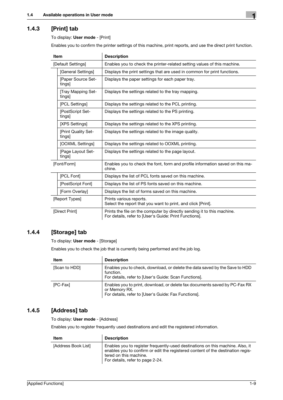 3 [print] tab, 4 [storage] tab, 5 [address] tab | Print] tab -9, Storage] tab -9, Address] tab -9 | Konica Minolta bizhub 4750 User Manual | Page 15 / 149