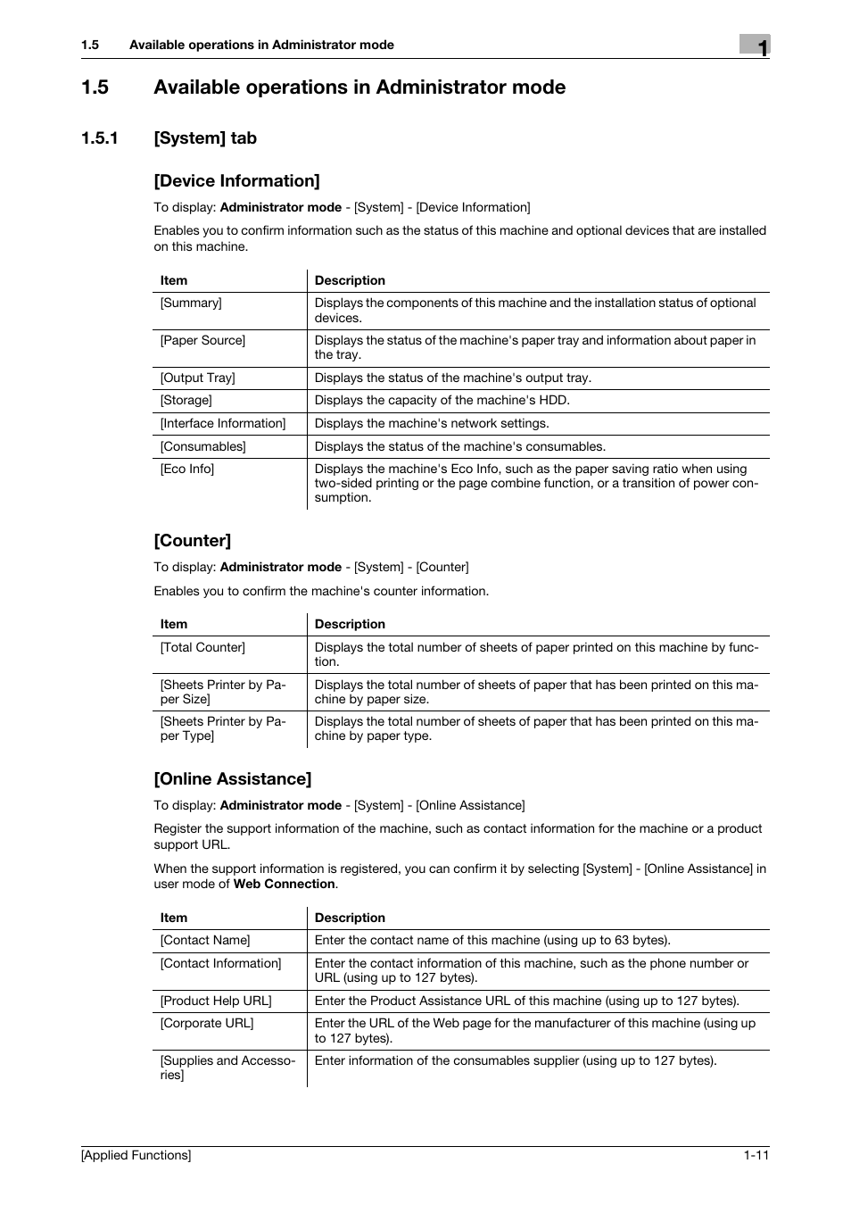 5 available operations in administrator mode, 1 [system] tab, Device information | Counter, Online assistance, Available operations in administrator mode -11, 1 [system] tab [device information | Konica Minolta bizhub 4750 User Manual | Page 17 / 149