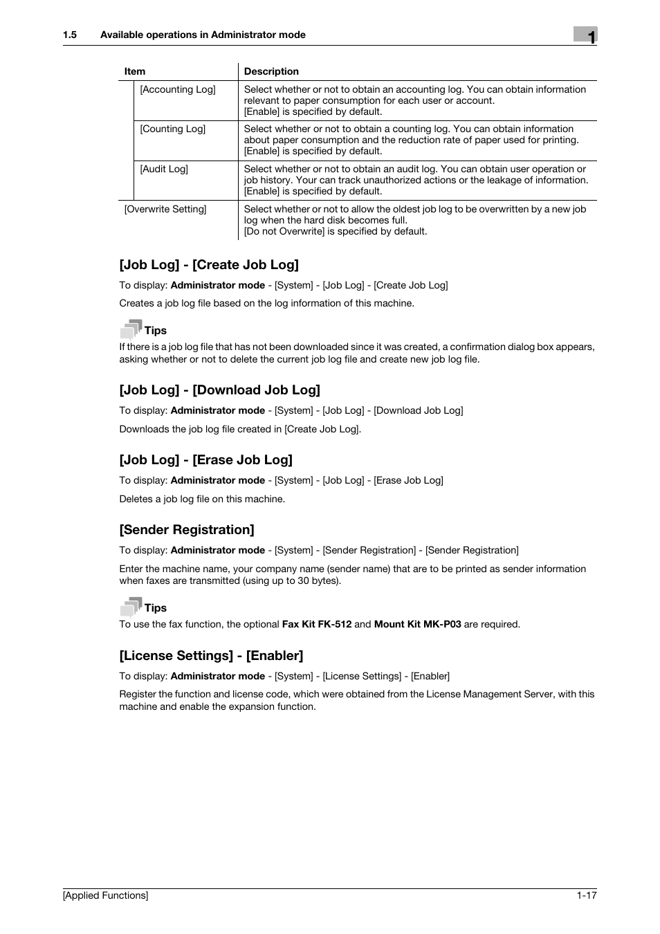 Job log] - [create job log, Job log] - [download job log, Job log] - [erase job log | Sender registration, License settings] - [enabler | Konica Minolta bizhub 4750 User Manual | Page 23 / 149