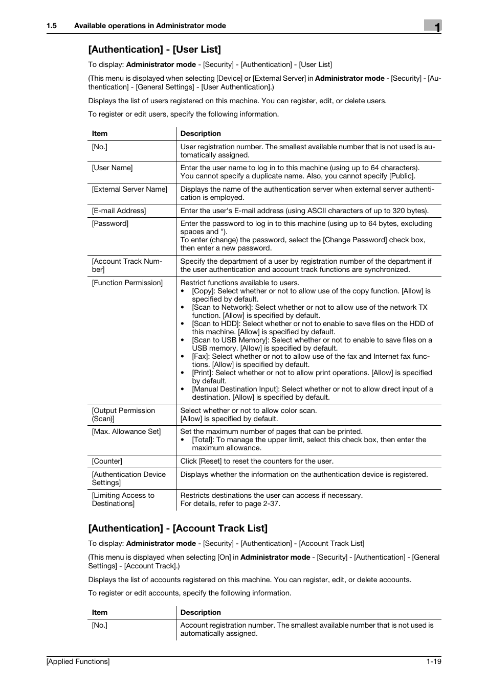 Authentication] - [user list, Authentication] - [account track list | Konica Minolta bizhub 4750 User Manual | Page 25 / 149