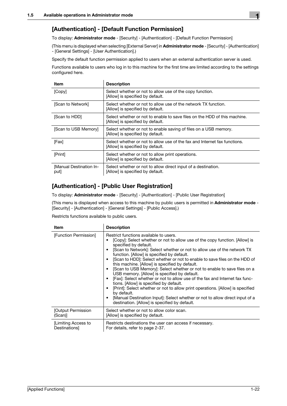 Authentication] - [default function permission, Authentication] - [public user registration | Konica Minolta bizhub 4750 User Manual | Page 28 / 149