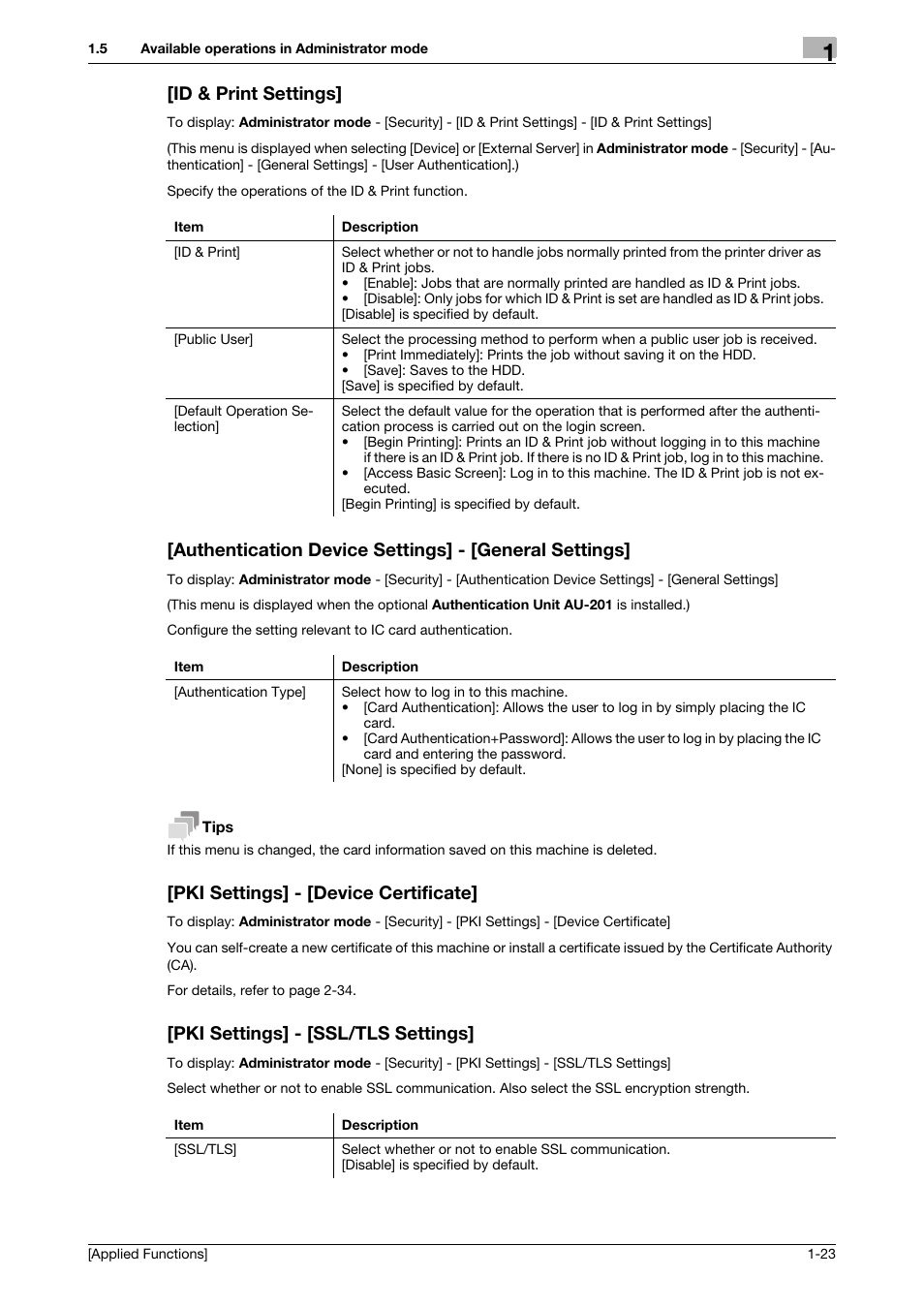 Id & print settings, Pki settings] - [device certificate, Pki settings] - [ssl/tls settings | Id & print settings] -23 | Konica Minolta bizhub 4750 User Manual | Page 29 / 149