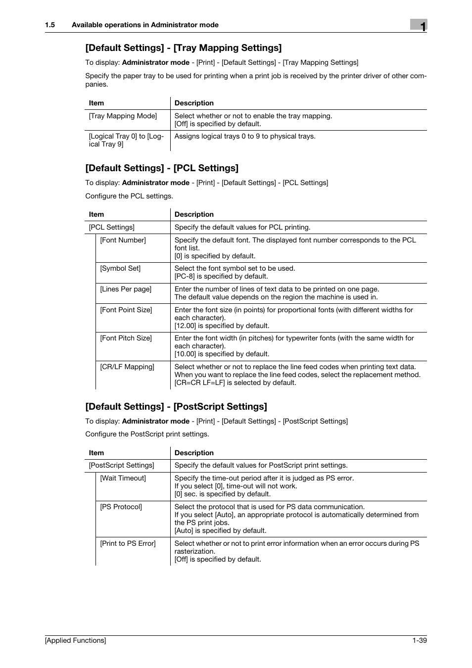 Default settings] - [tray mapping settings, Default settings] - [pcl settings, Default settings] - [postscript settings | Konica Minolta bizhub 4750 User Manual | Page 45 / 149