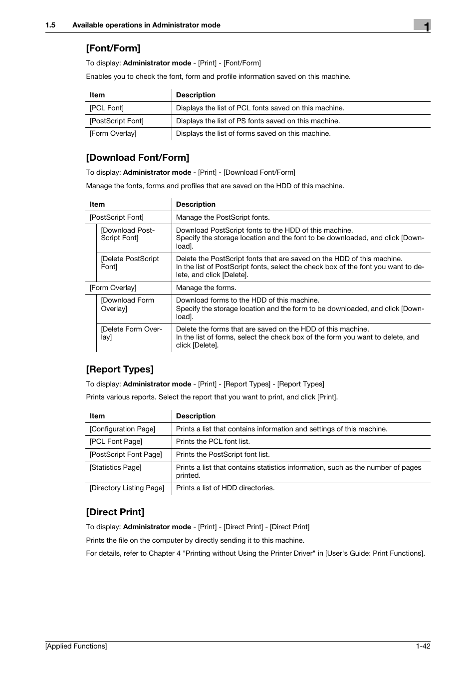 Font/form, Download font/form, Report types | Direct print | Konica Minolta bizhub 4750 User Manual | Page 48 / 149