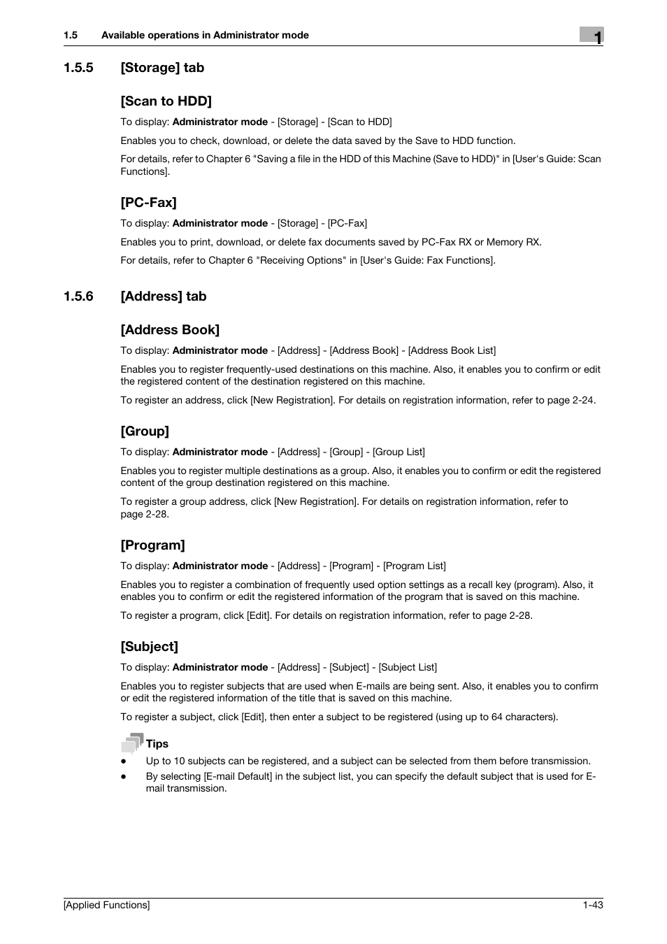 5 [storage] tab, Scan to hdd, Pc-fax | 6 [address] tab, Address book, Group, Program, Subject, Storage] tab -43 [scan to hdd] -43 [pc-fax] -43 | Konica Minolta bizhub 4750 User Manual | Page 49 / 149