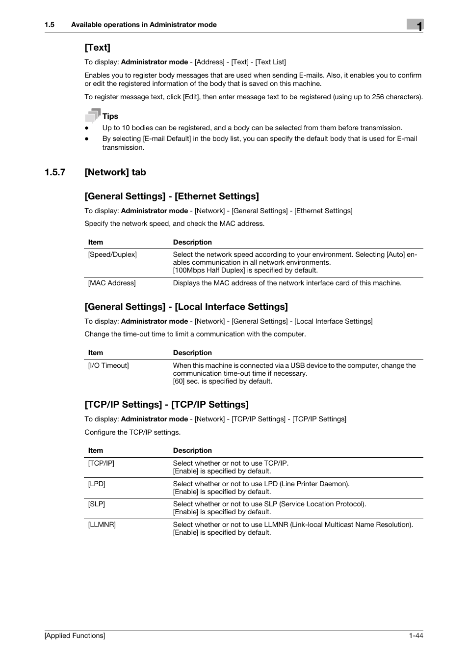Text, 7 [network] tab, General settings] - [ethernet settings | General settings] - [local interface settings, Tcp/ip settings] - [tcp/ip settings, Text] -44 | Konica Minolta bizhub 4750 User Manual | Page 50 / 149