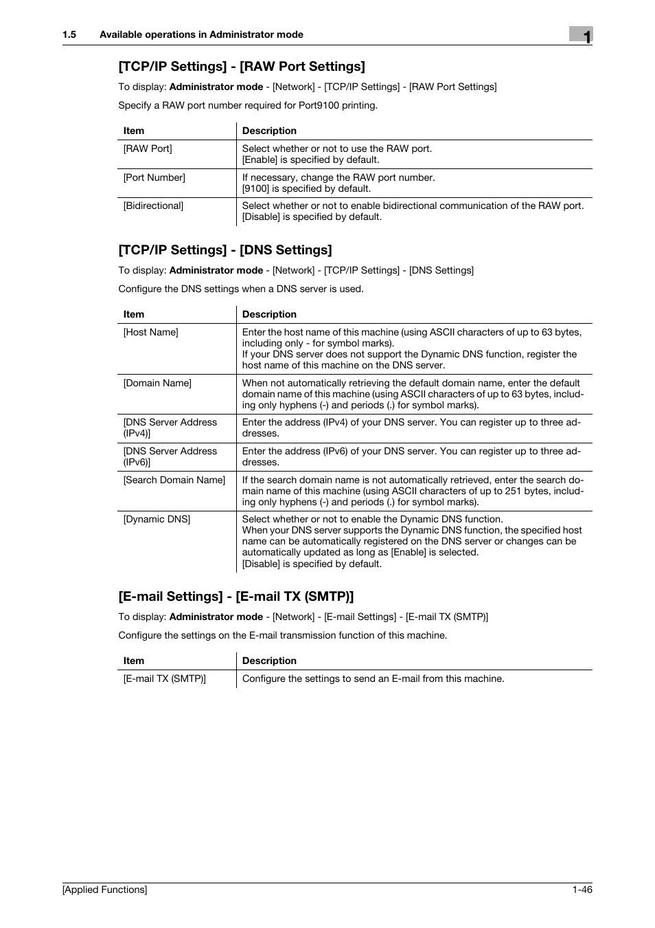 Tcp/ip settings] - [raw port settings, Tcp/ip settings] - [dns settings, E-mail settings] - [e-mail tx (smtp) | Konica Minolta bizhub 4750 User Manual | Page 52 / 149