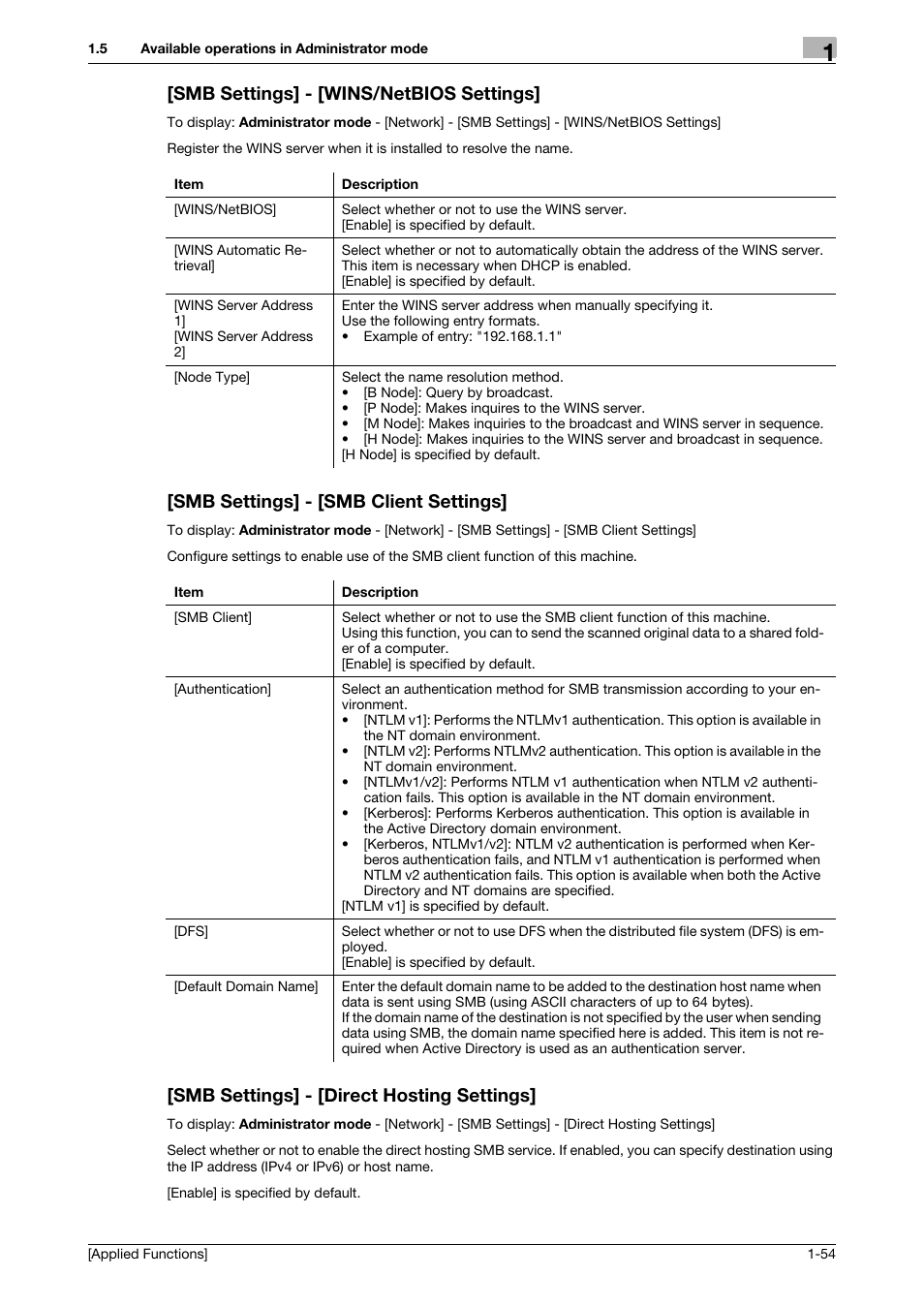 Smb settings] - [wins/netbios settings, Smb settings] - [smb client settings, Smb settings] - [direct hosting settings | Konica Minolta bizhub 4750 User Manual | Page 60 / 149