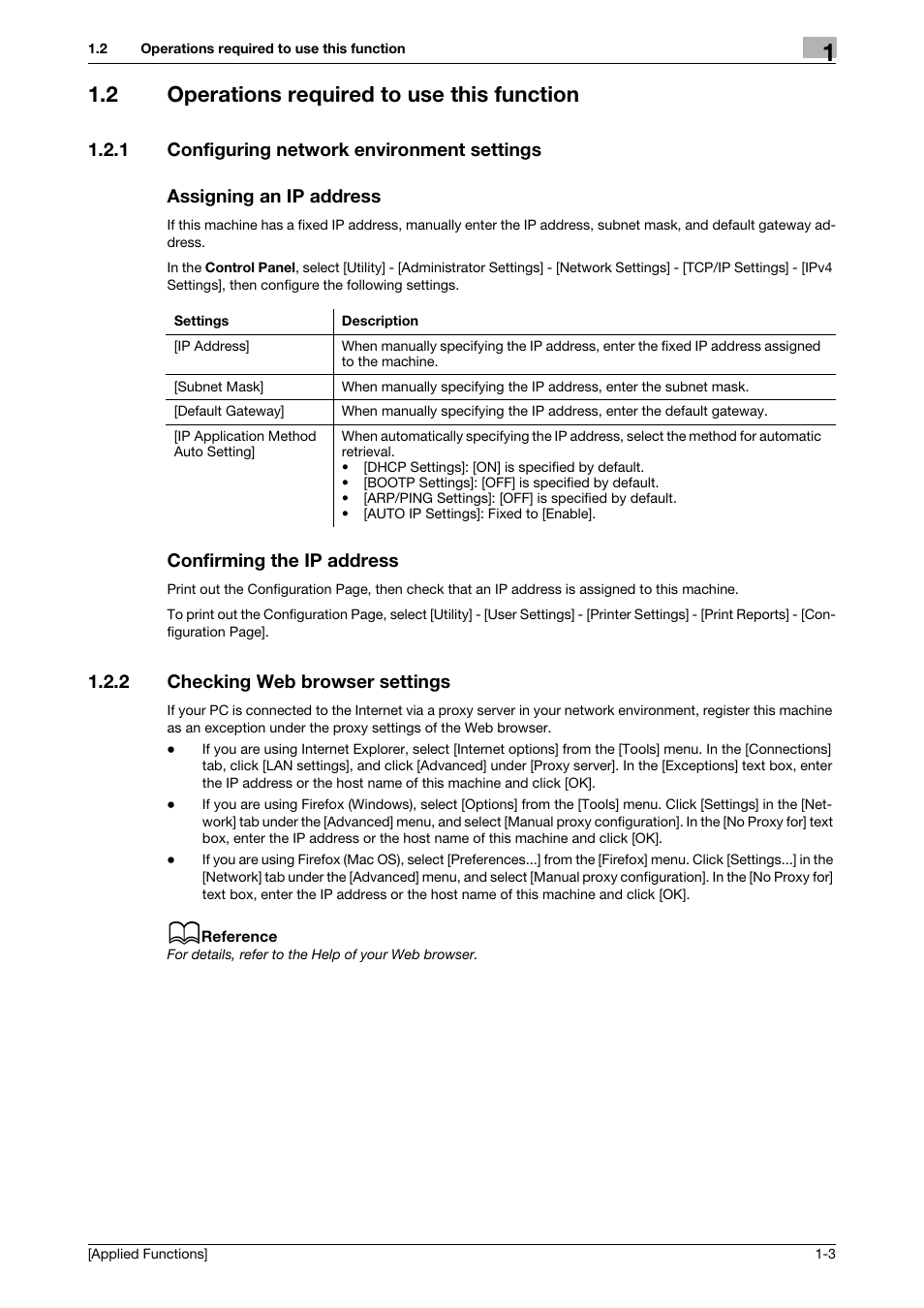 2 operations required to use this function, 1 configuring network environment settings, Assigning an ip address | Confirming the ip address, 2 checking web browser settings, Operations required to use this function -3, Checking web browser settings -3 | Konica Minolta bizhub 4750 User Manual | Page 9 / 149